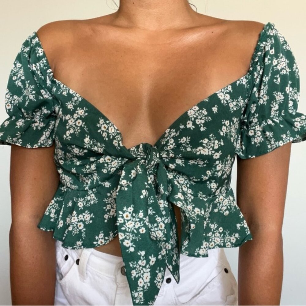 Tie Front Ditsy Floral Peplum Blouse | Green & White | Size: S | Woman